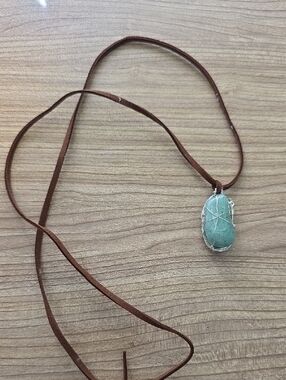 Handcrafted Blue/Green Stone Pendant Necklace with Brown Suede Cord